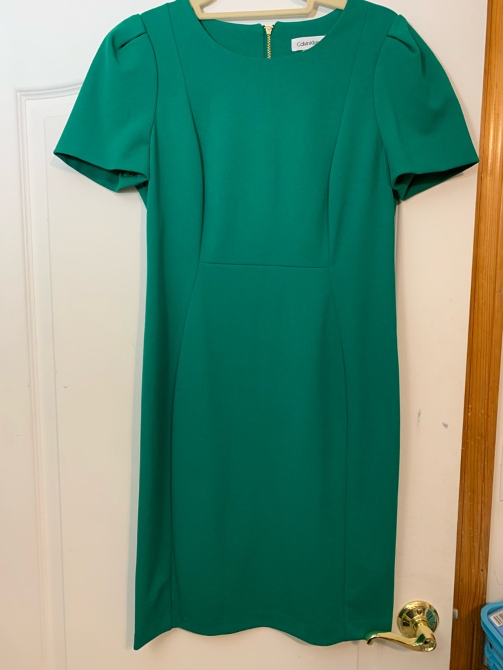 Calvin Klein Green Sheath Dress 12P Pleated Sleeve